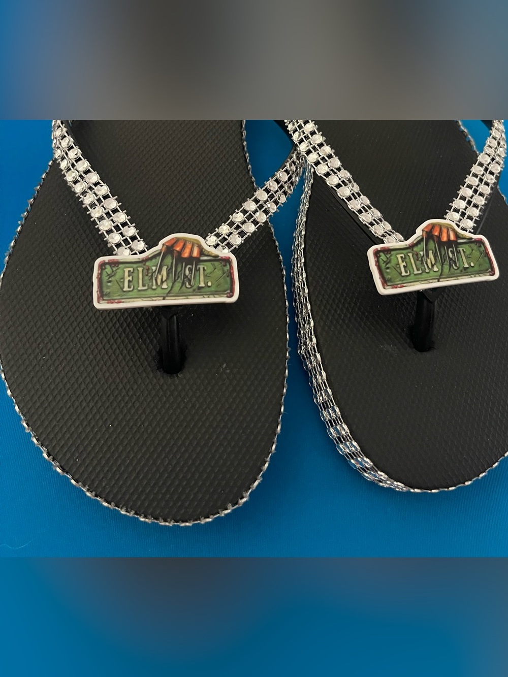 Embellished Black Flip Flops with Silver Rhinestone Straps